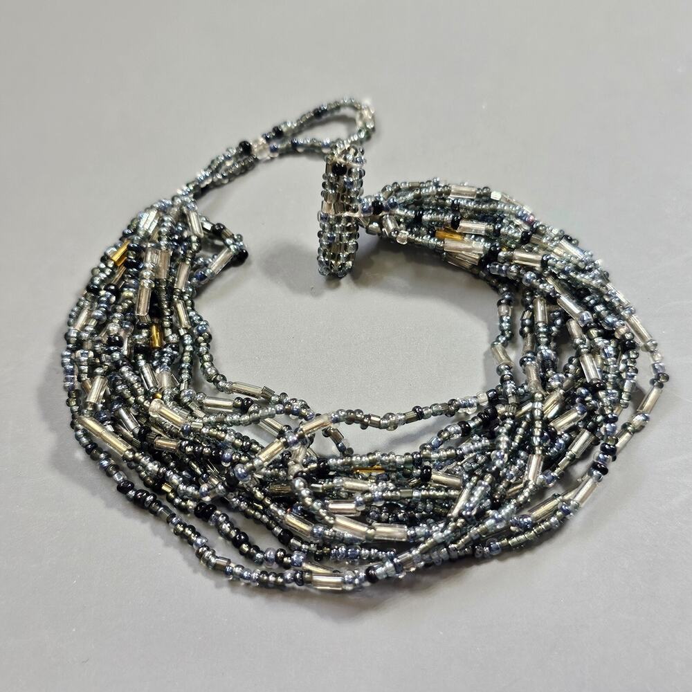 Nepal Handmade Black and Silver Beaded Bracelet 15-Strands Adjustable NWOT